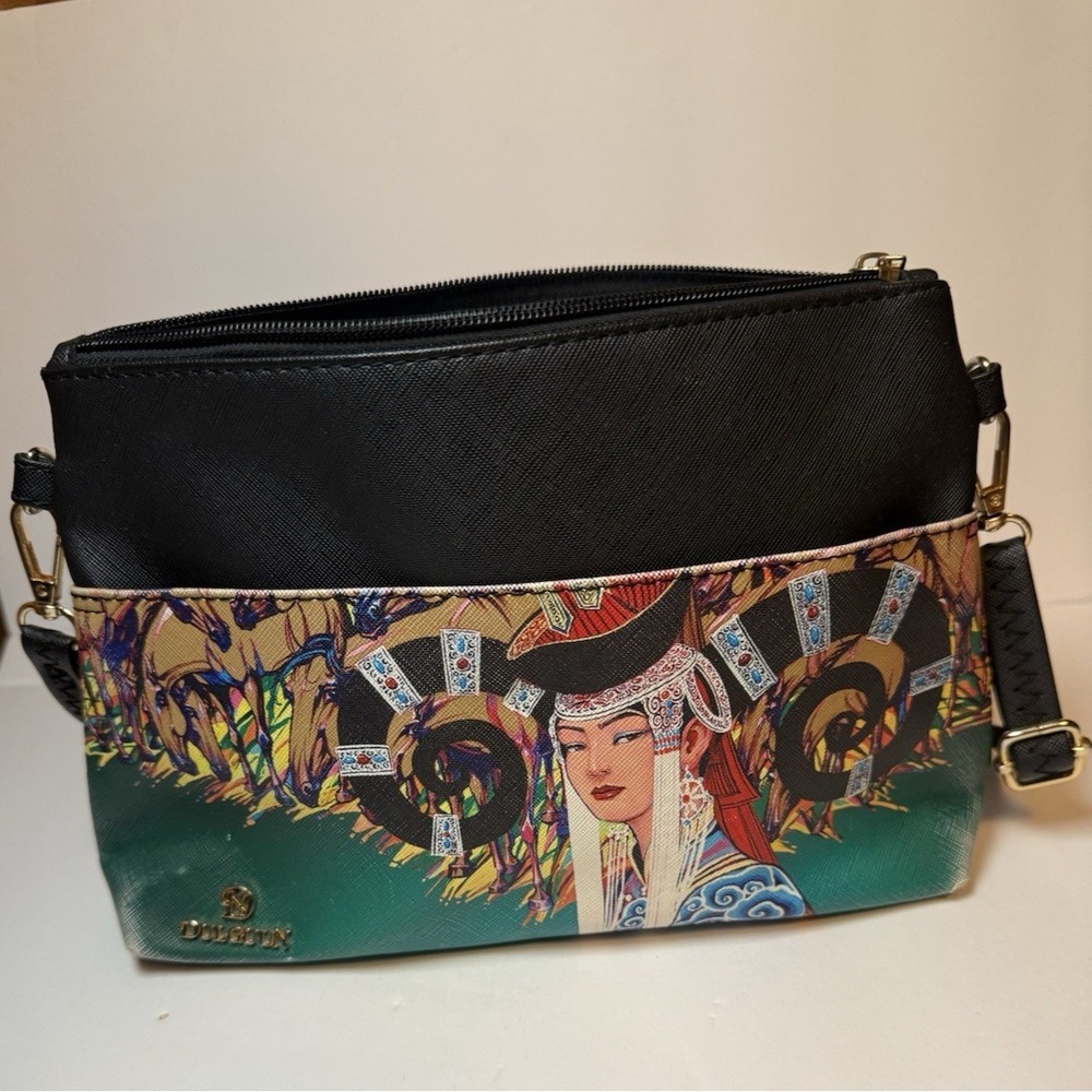 Dulguun Mongolian Art Graphic Print Crossbody Bag Black Saffiano Vegan Leather